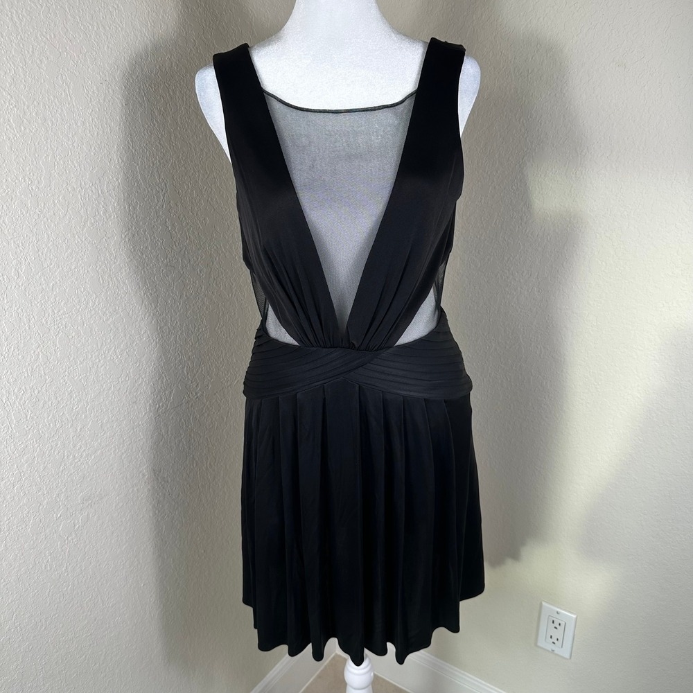 BCBGMAXAZRIA Mini Cocktail Dress Women S Black Sheer Mesh Cutout VNeck LBD